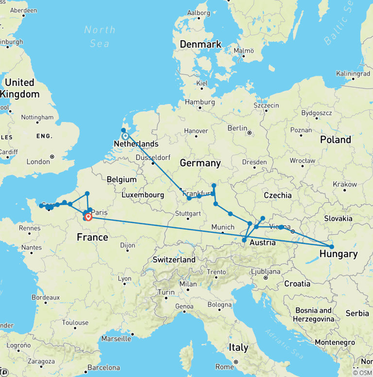 Map of Jewels of Europe & Normandy & Gems of the Seine 2026 - 25 Days (from Amsterdam to Paris)