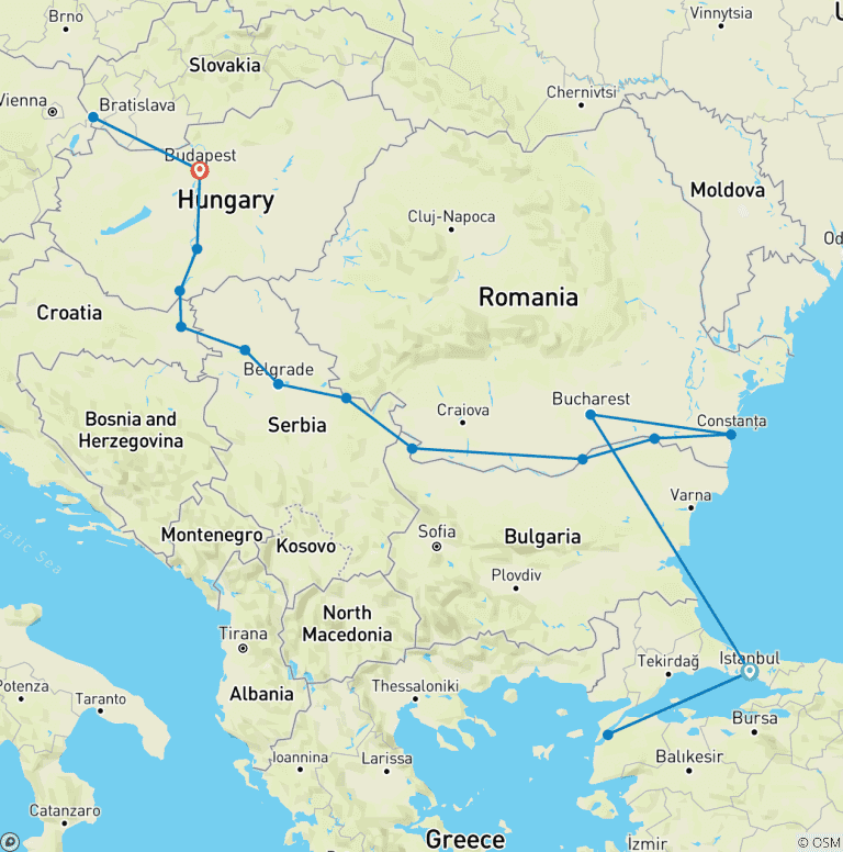 Map of Lower Danube Discovery with Turkey 2026|2027 - 22 Days