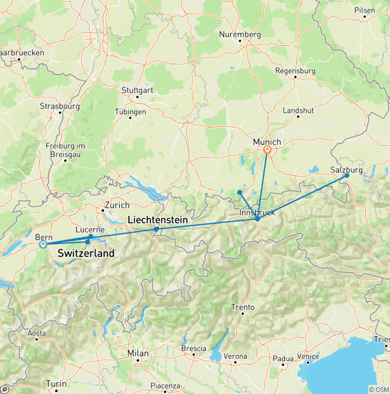 Map of Discover Switzerland, Austria & Bavaria featuring Oktoberfest (Bern to Munich) (2026)