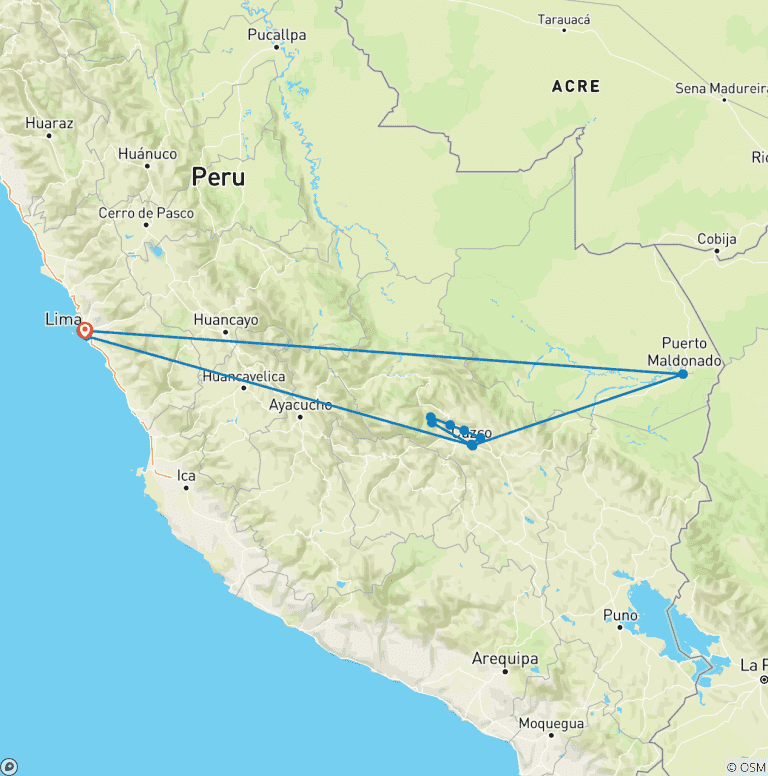 Map of 9 Days Peru’s Treasures: Machu Picchu & Rainforest