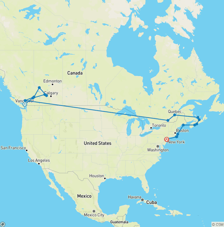 Map of Magnificent Canadian Rockies & North America’s East Coast – Cruise & Land Journey