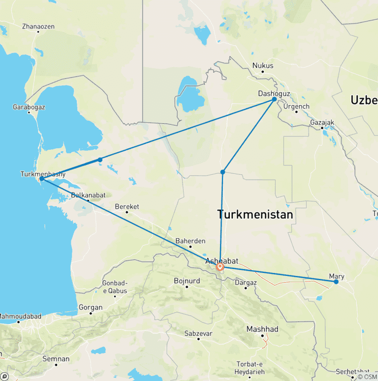 Map of Tailor-made Turkmenistan Family Tour, Daily Depart & Private Guide