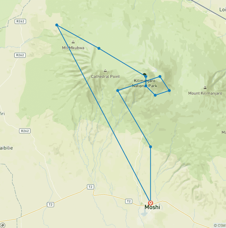 Map of 7 Days Shira Route Kilimanjaro Climb with 2 Nights Hotel in Moshi, Tanzania