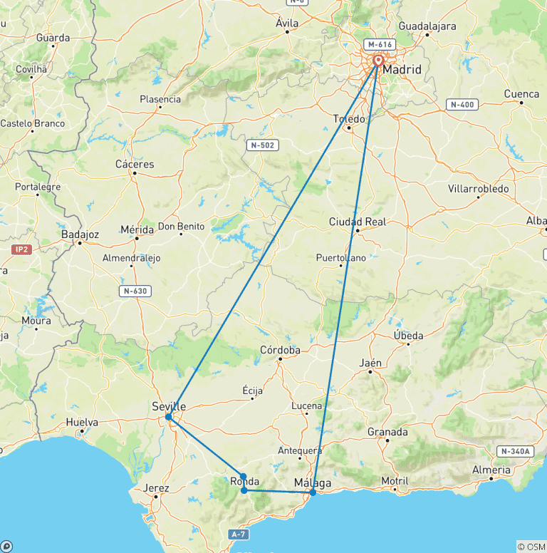 Map of Seville, Ronda & White Villages in 3 days from Madrid