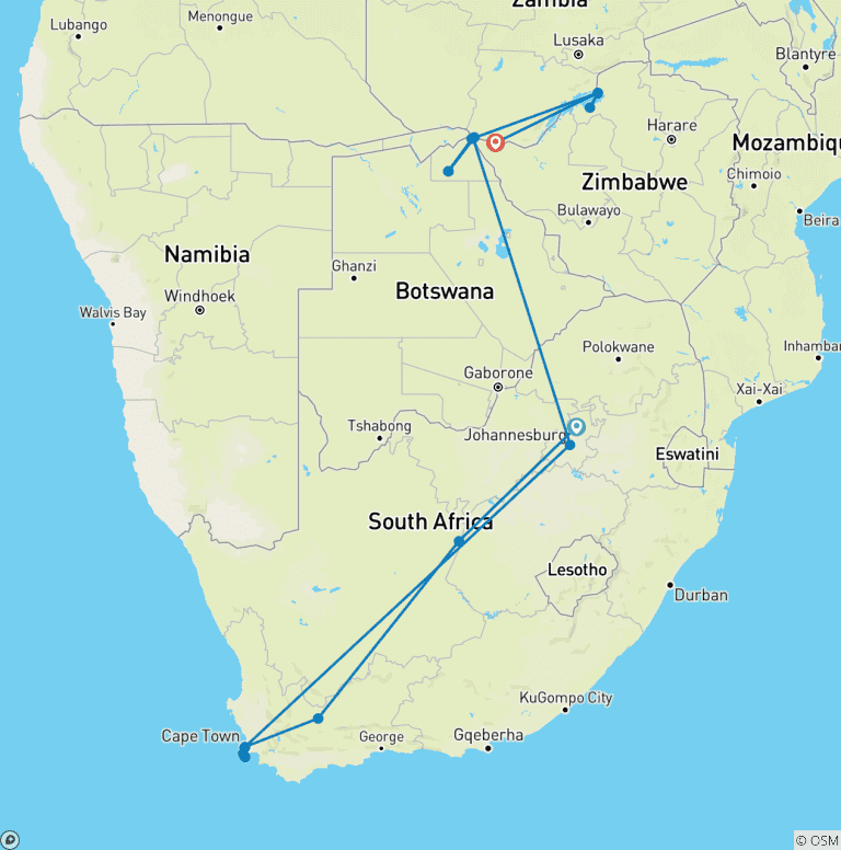 Map of Luxury Southern Africa: A Once-in-a-Lifetime Cruise, Rail, and Tour Experience