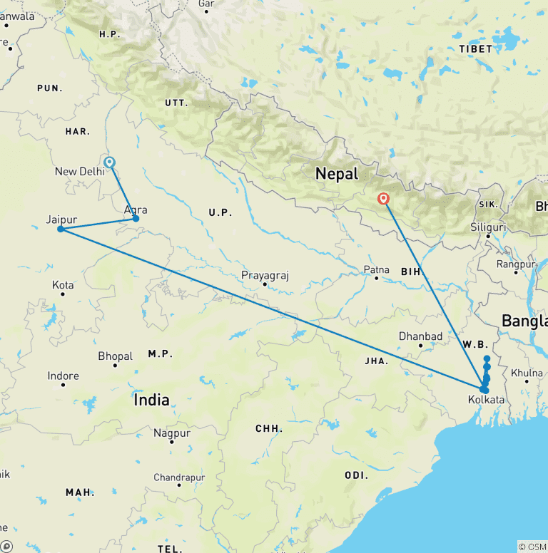 Map of Heritage of India & the Ganges River with Kathmandu