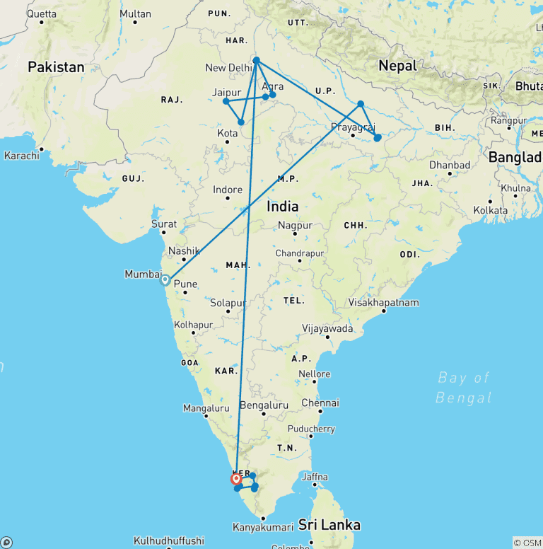 Map of India Highlights from North to South