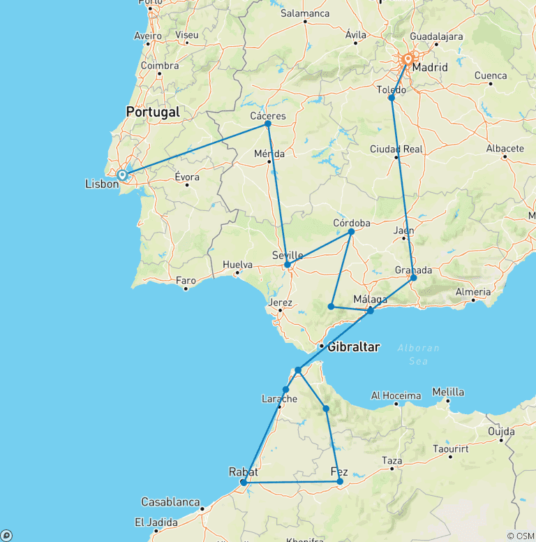 Map of Lisbon, Andalucia & Morocco - 10 days