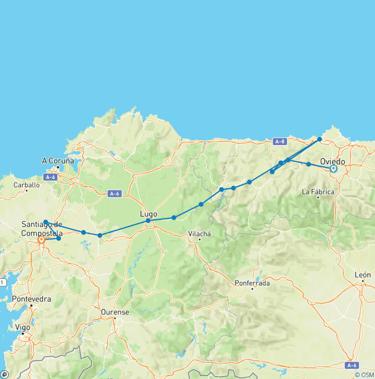 Map of Camino de Santiago From Oviedo - 16 days