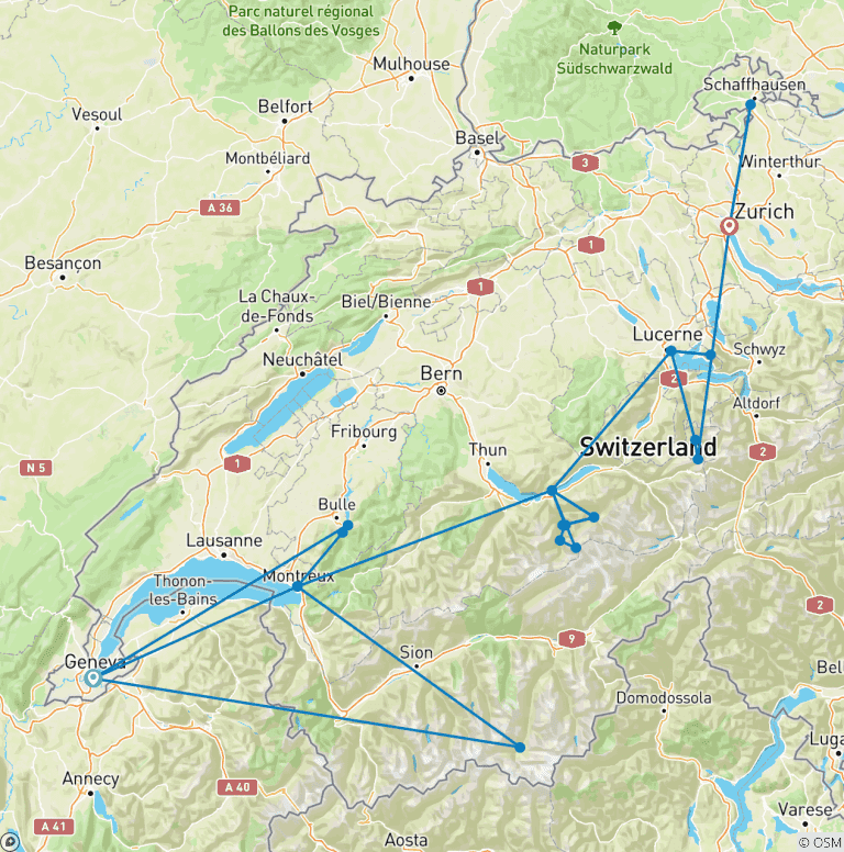 Map of Switzerland in 9 days (Covering Geneva, Zurich, Montreux, Interlaken and Lucerne)