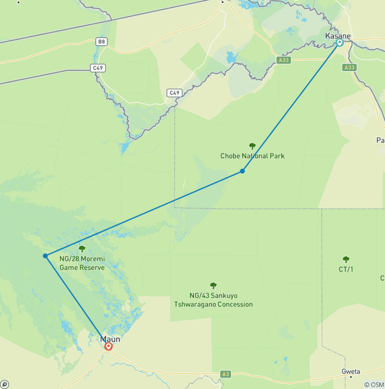 Map of 3-Day Chobe and Okavango Wildlife Safari