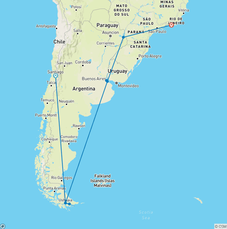 Map of The Heart of South America: Santiago to Rio in 14 Days