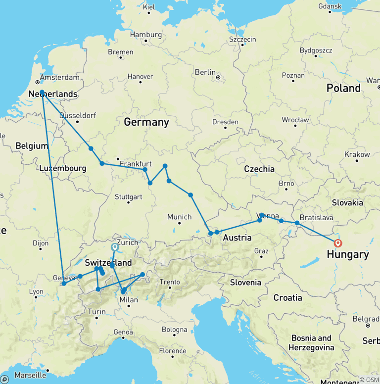 Map of Switzerland by Rail with Magnificent Europe Zurich → Budapest (2027)