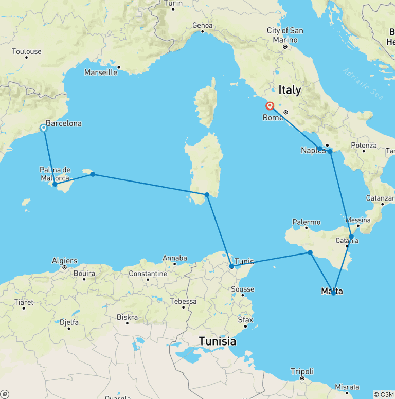 Map of Cultures of the Mediterranean Barcelona to Civitavecchia
