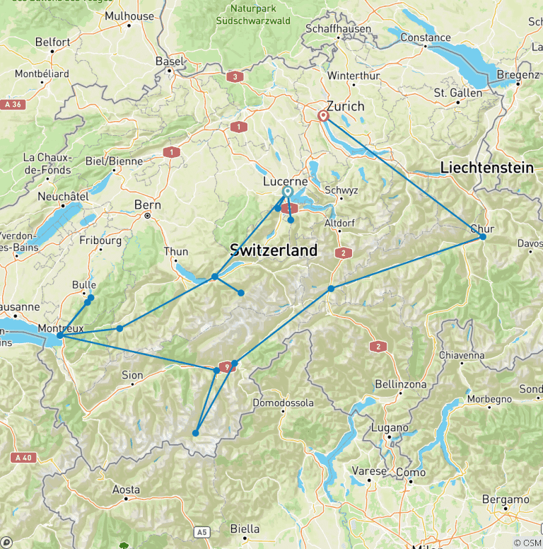 Map of Grand Train Tour of Switzerland - Top Attractions