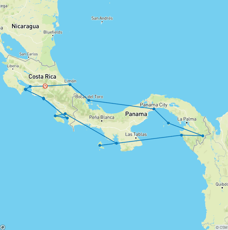 Map of Costa Rica, Panama from the Atlantic to the Pacific via the Panama Canal