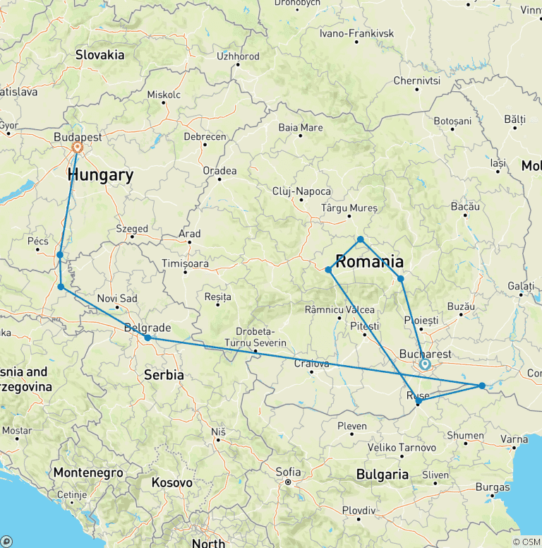 Map of Eastern Europe & Balkans Unveiled with Transylvania & Budapest 2027 - 15 Days (from Bucharest to Budapest)