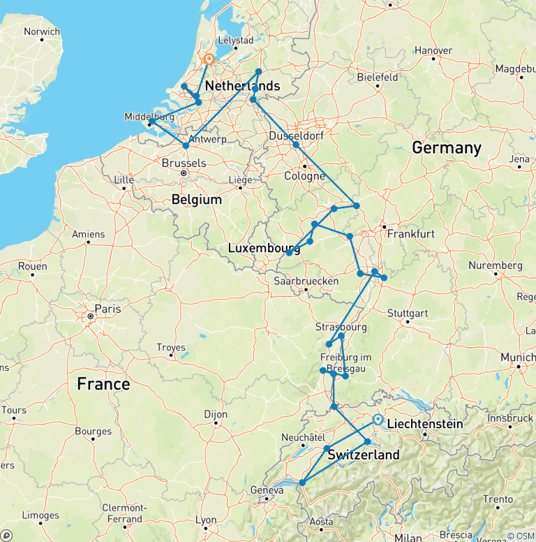Map of Romantic Rhine & Moselle with Switzerland 2027 - 19 Days (from Zurich to Amsterdam)