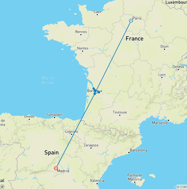 Map of Bordeaux Affair with Highlights of Paris & Madrid