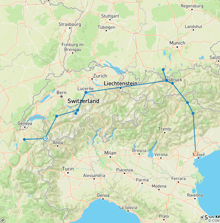 Map of Peaks of Europe: The Alps to The Dolomites featuring France, Switzerland, Liechtenstein, Austria, and Italy (Chamonix to Mogliano Veneto)