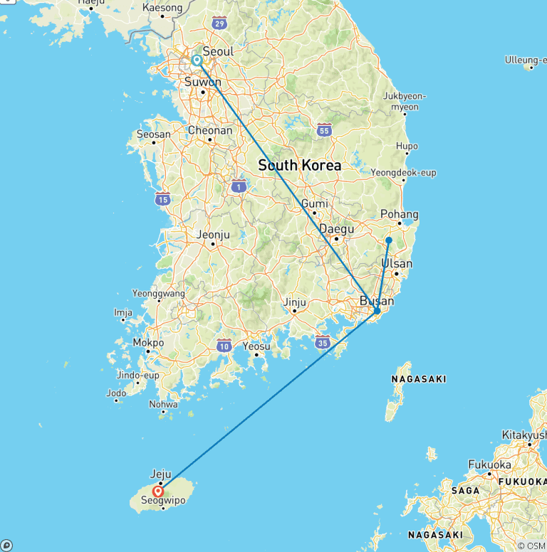 Map of 10 Days Panoramic Korea: Tour of Seoul, Busan, and Jeju (private guide and driver)Family Tour - Customizable