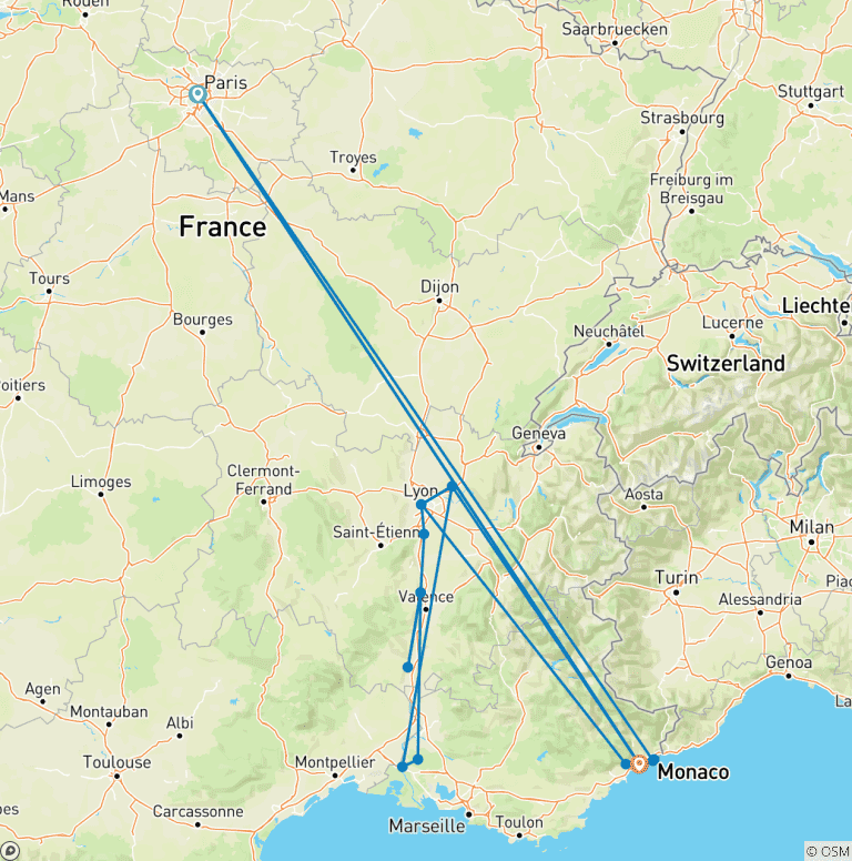 Map of Nice to Paris & Sensations of Lyon and Provence 2027 - 13 Days