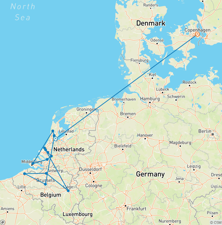 Map of Waterways of the Netherlands and Belgium & Copenhagen 2027 - 14 Days (from Amsterdam to Copenhagen)