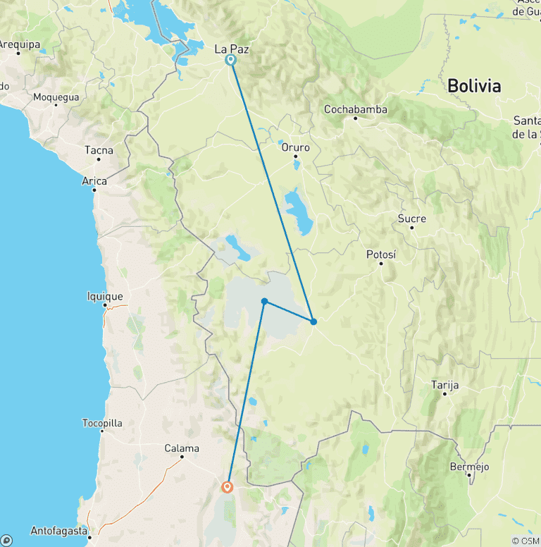 Map of Across the Altiplano: La Paz, Uyuni & Atacama
