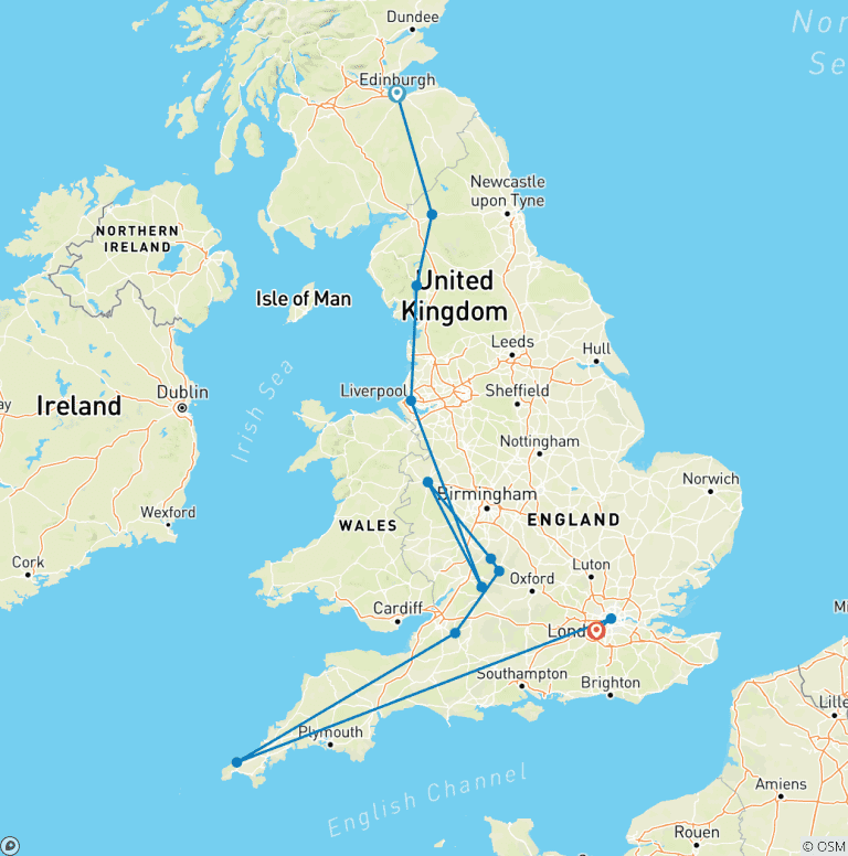 Map of Coasts & Countrysides of England featuring the Royal Edinburgh Military Tattoo, Liverpool & London (Edinburgh to London) (from Edinburgh to Hampton)