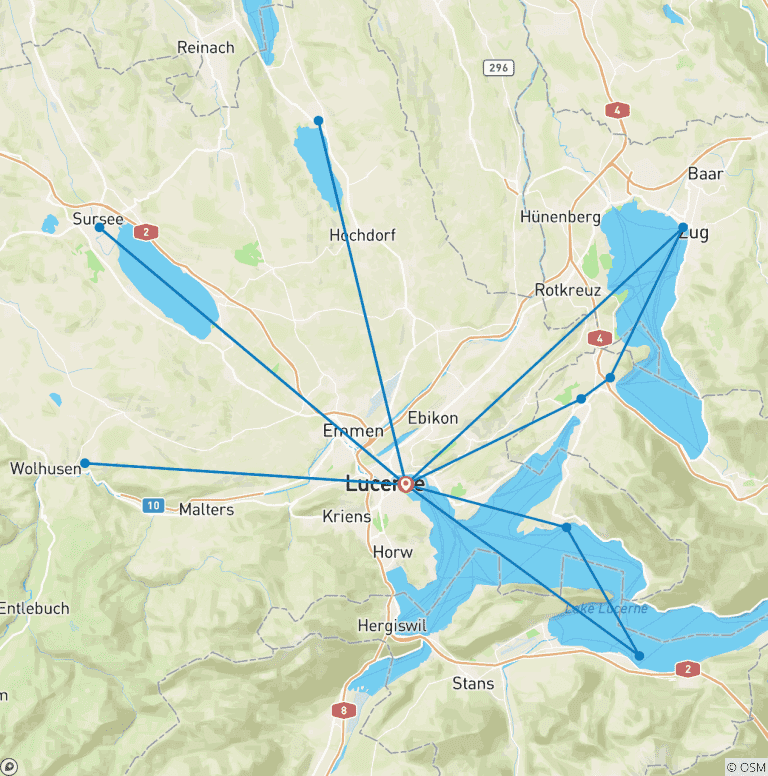 Map of Cycling Holidays Centre tour Lucerne