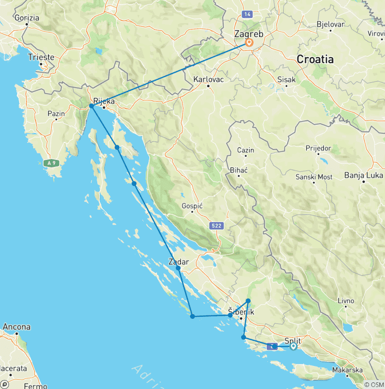 Map of ADRIATIC MOSAIC Split - Opatija - Zagreb