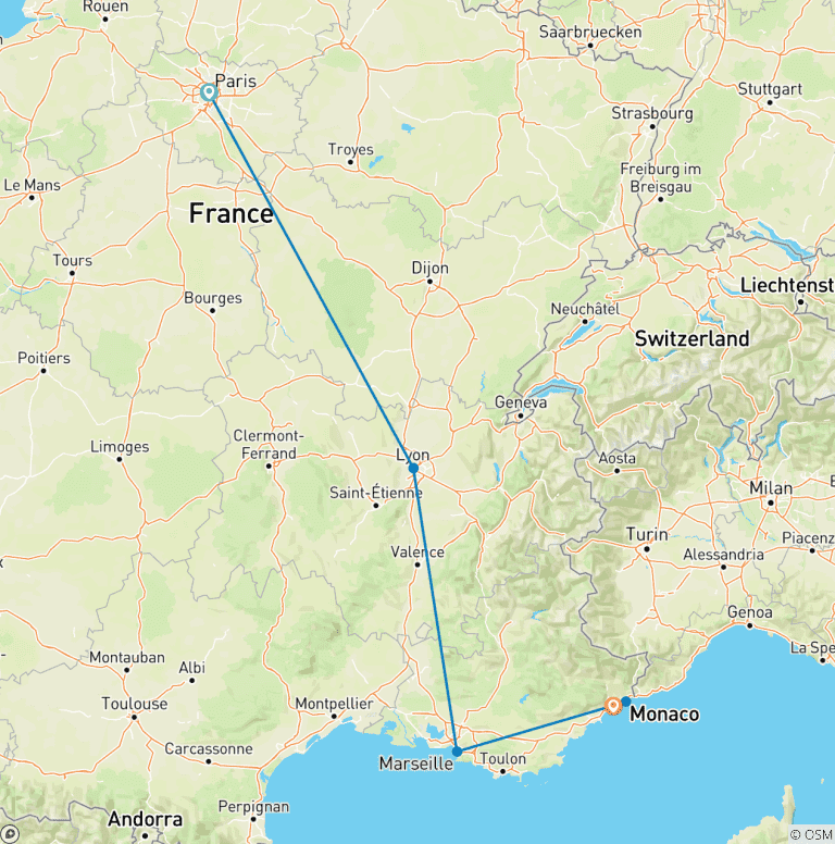 Map of Paris, Lyon, Marseille and Nice in 10 Days