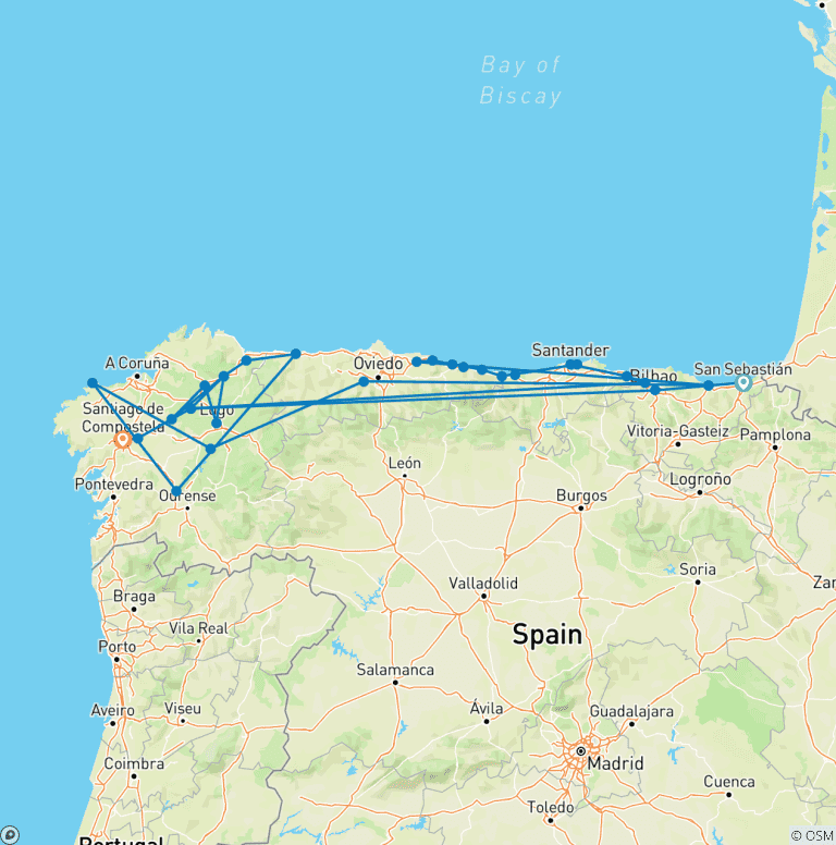 Map of Northern Way of St. James From San Sebastian to Santiago de Compostela 41 Days