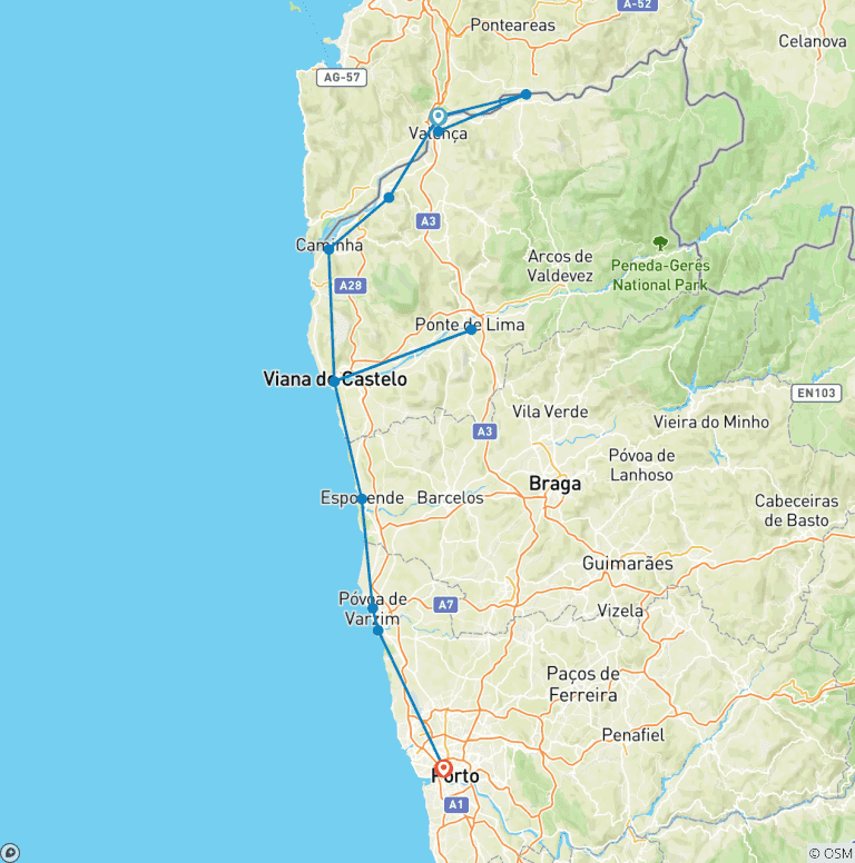 Map of Portugal's North - Porto & the Green Coast 7 Days