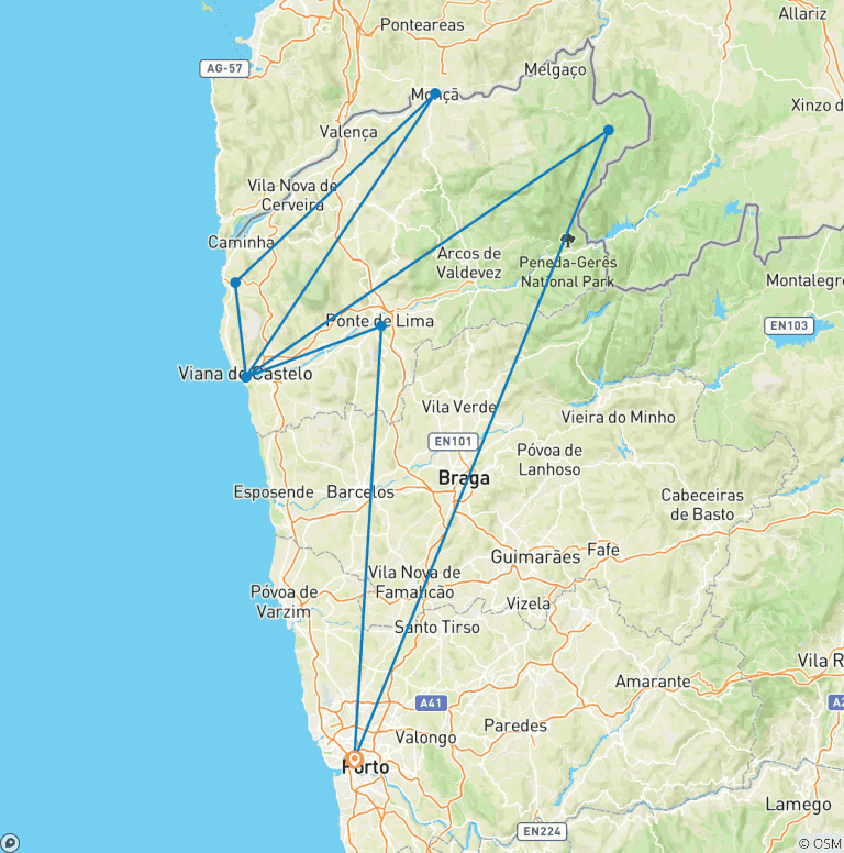 Map of Vinho Verde Wine and Food Bike Tour 7 Days