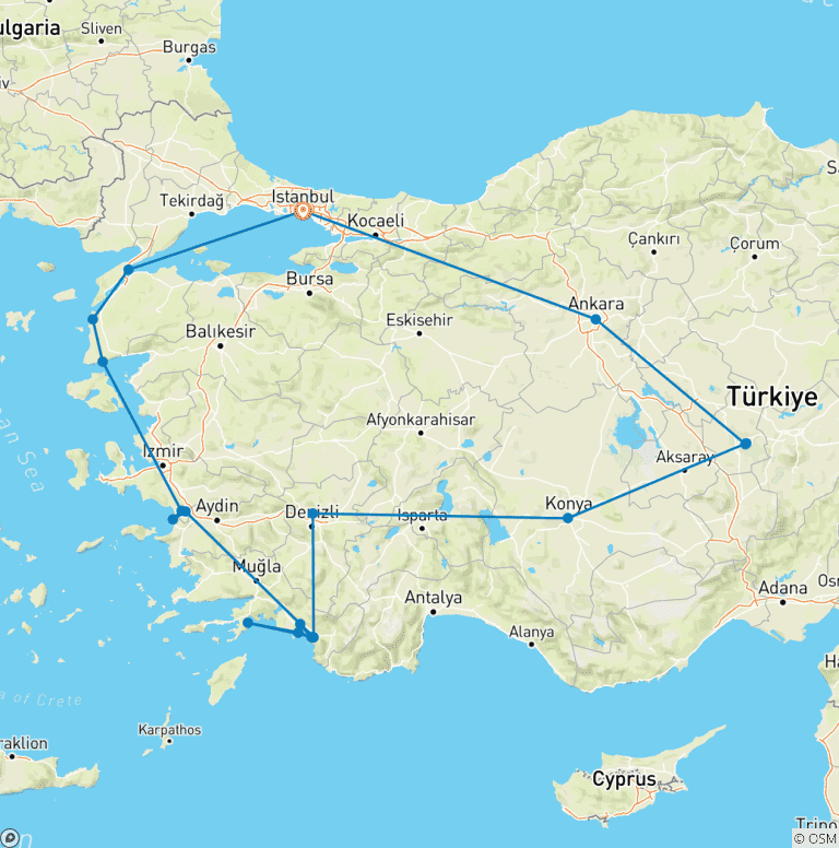 Map of Classic Turkey & Gulet Cruise - 13 days