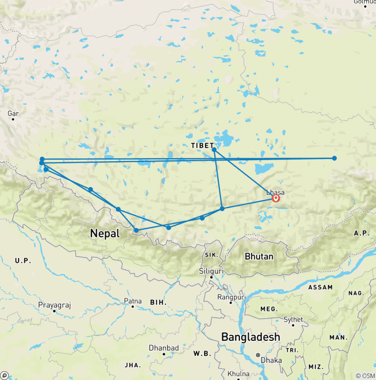 Map of 16 Days Incredible Tibet Ali Small Group Tour | Western China Package Adventure (Max 15)