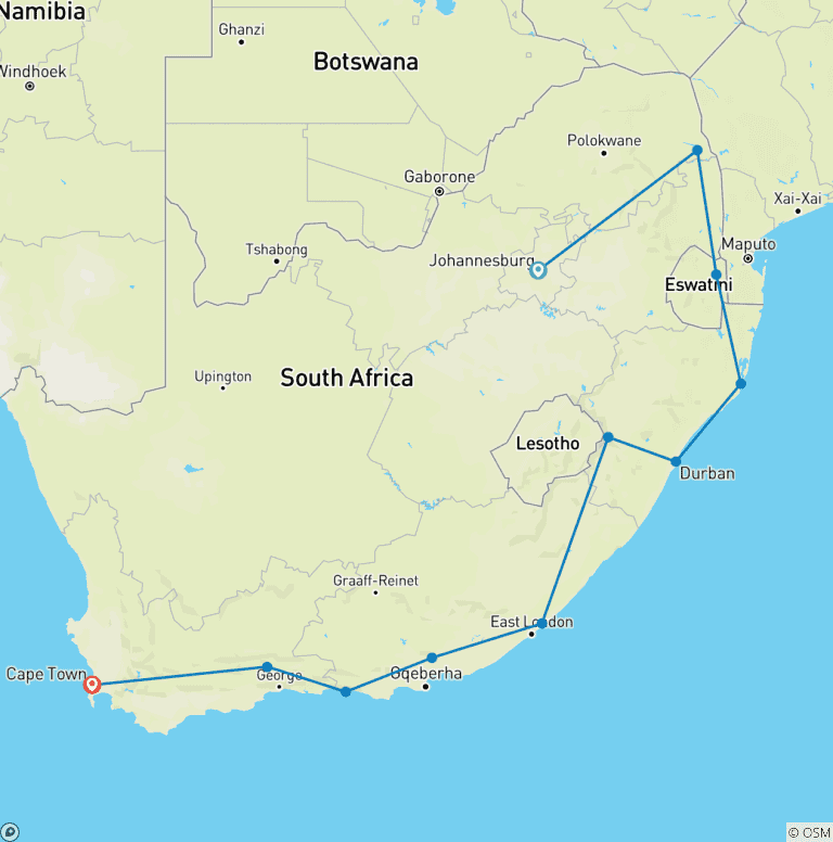 Map of Kruger, Coast & Cape (from Johannesburg to Cape Town)