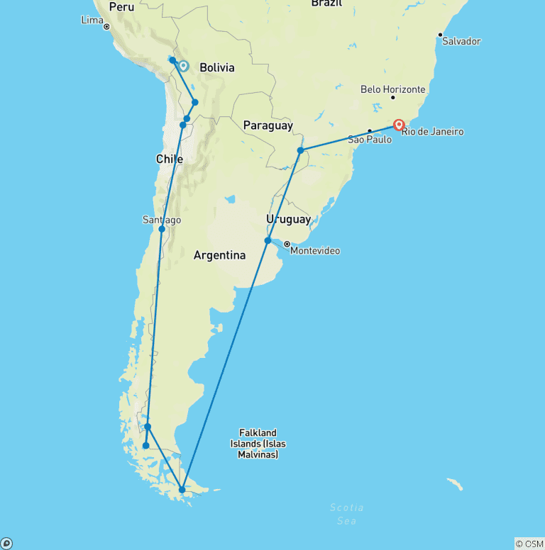 Map of The Grand Southern Experience: Andes, Patagonia & Rio 20-Day Tour