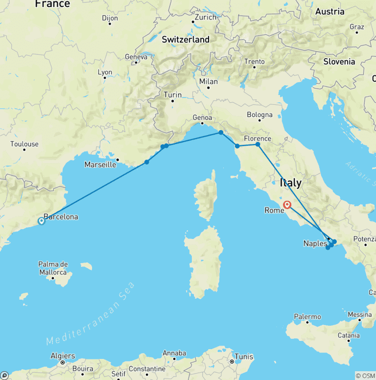 Map of Barcelona to Rome Quest (Standard, Age 18-22)