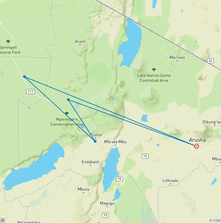 Map of 3-Day Serengeti and Ngorongoro Luxury Safari