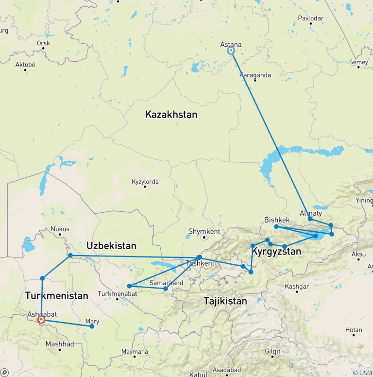 Map of Central Asia Adventure: Astana to Ashgabat