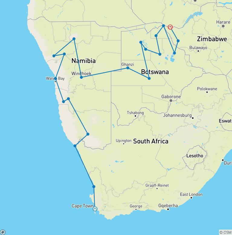 Map of Amazing Southern Africa (from Cape Town to Victoria Falls)