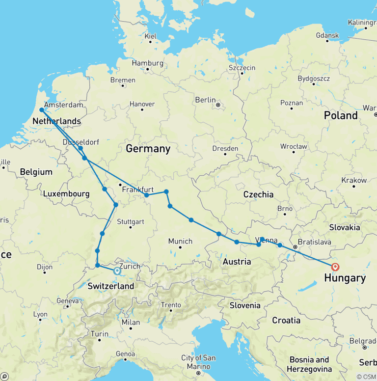 Map of Christmas Markets on the Rhine, Main & Danube 2027 - 22 Days (19 destinations)