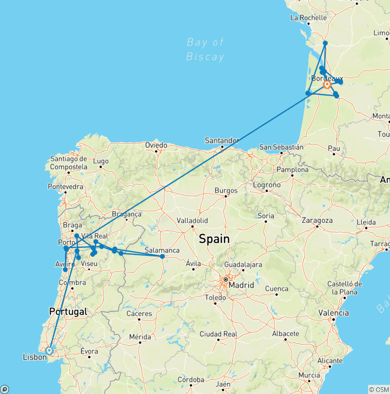 Map of Beautiful Bordeaux & Unforgettable Douro With Lisbon