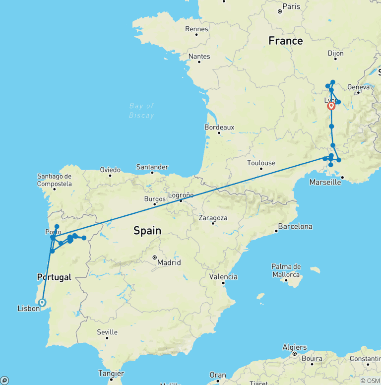 Map of Unforgettable Douro & Spectacular South of France with Lisbon 2027 - 24 Days (44 destinations)