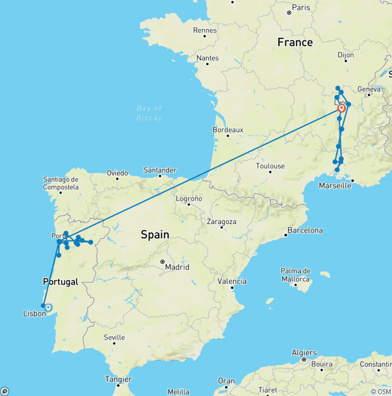 Map of Unforgettable Douro & Spectacular South of France with Lisbon 2027 - 24 Days (46 destinations)