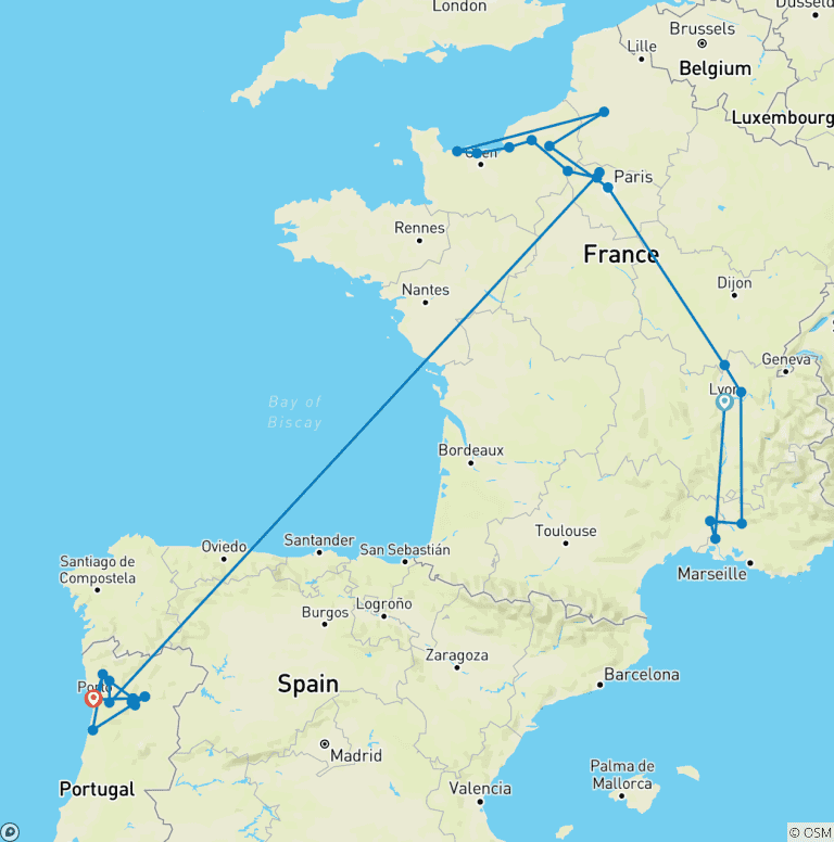 Map of France and Portugal Encounter 2027 - 31 Days (from Lyon to Porto)