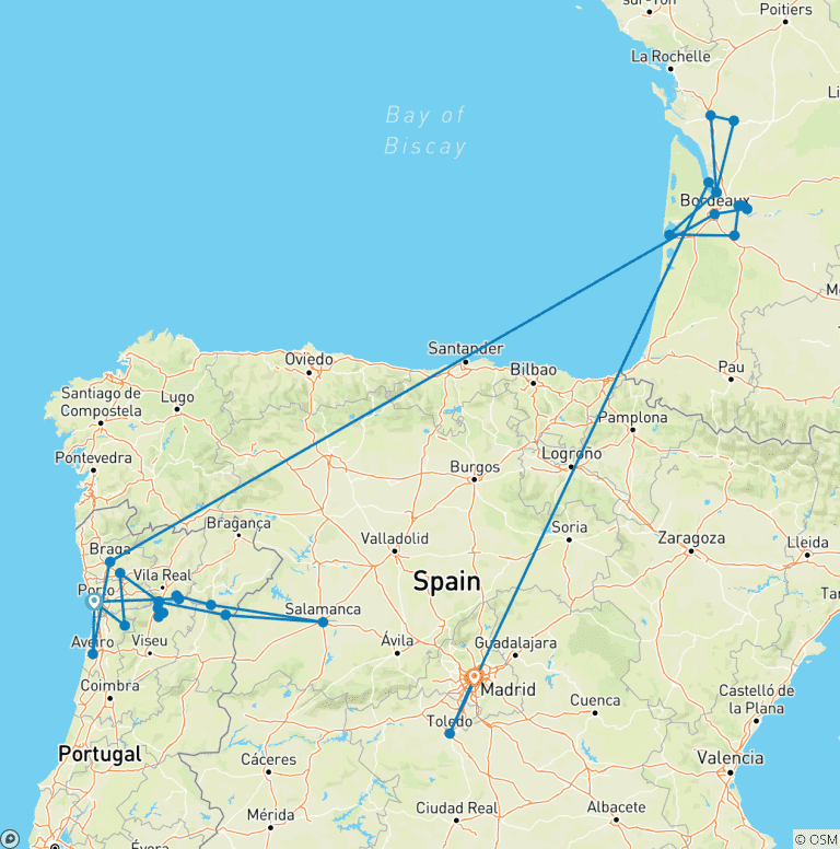Map of Beautiful Bordeaux & Unforgettable Douro with Madrid 2027 - 24 Days (from Porto to Madrid)
