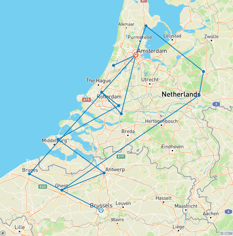 Map of Windmills, Tulips & Belgian Delights with Amsterdam & Bruges 2027 - 13 Days (from Brussels to Amsterdam)
